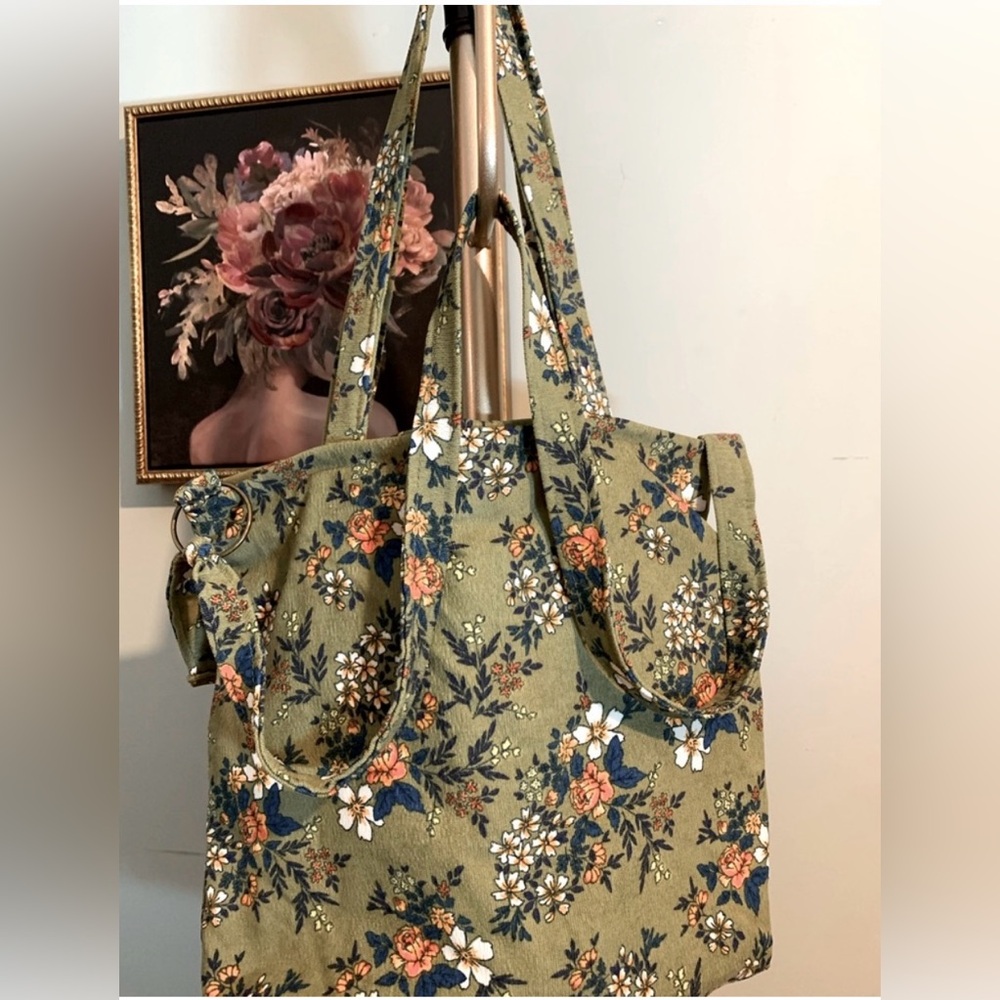 Floral Green Corduroy Retro Zip Tote Bag Crossbody Adjustable Boho